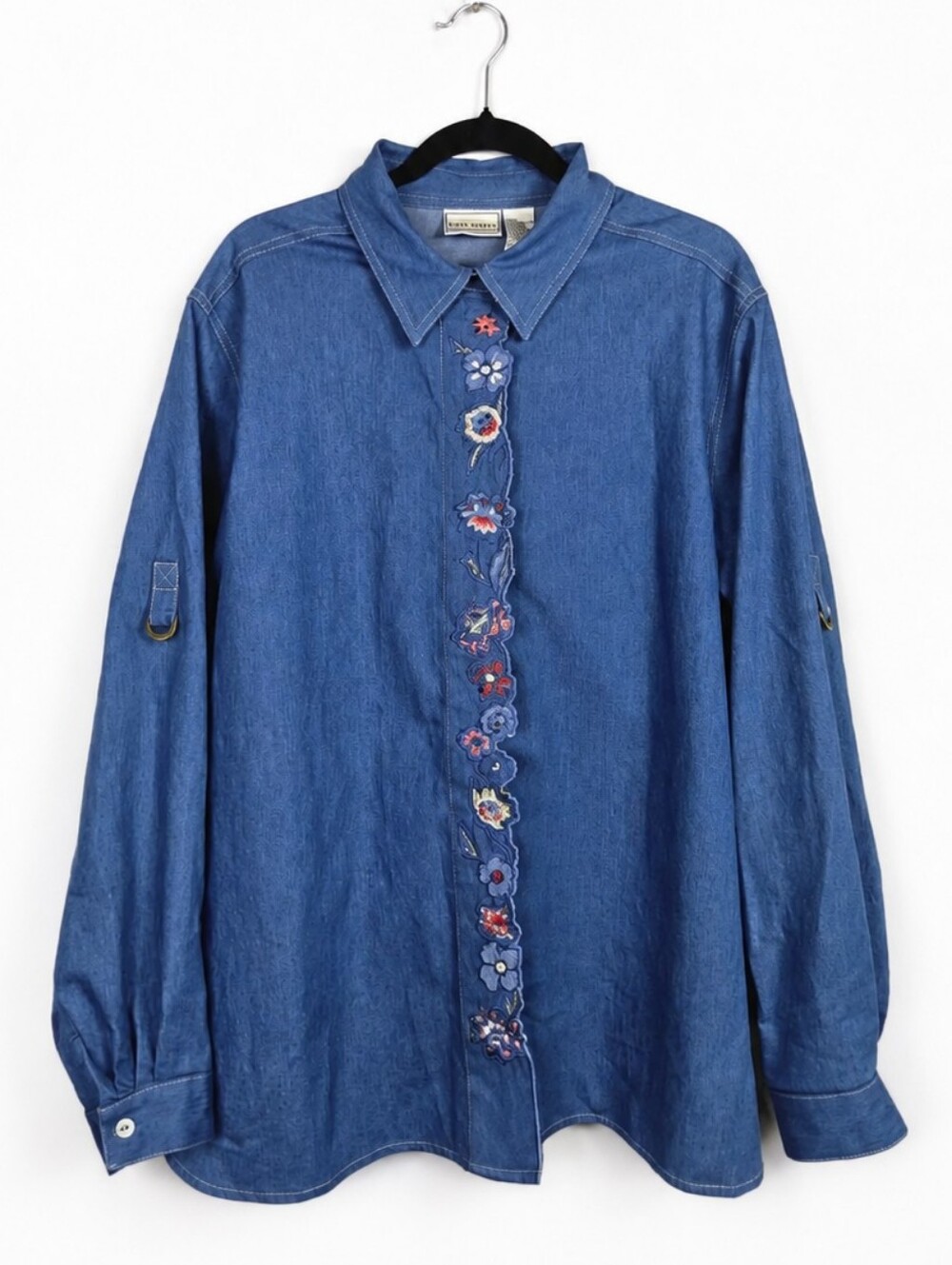 Vintage Napa Valley Denim Shirt XL Oversized Floral Embroidered Roll Tab Cottage